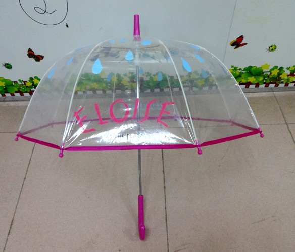 19Inch Safety Manual Open Clear POE Dome Shape Kis Umbrella With Raindrop Silk Printing