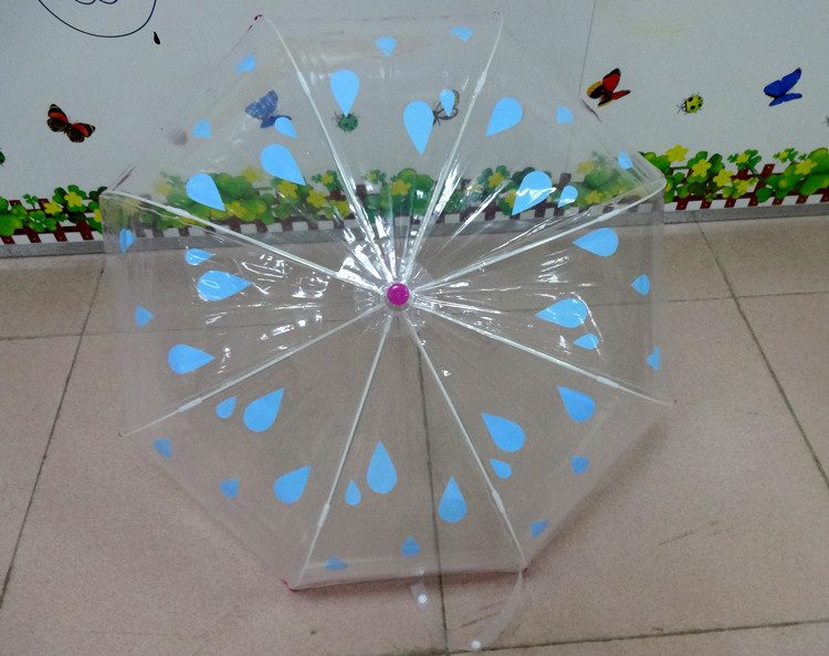 19Inch Safety Manual Open Clear POE Dome Shape Kis Umbrella With Raindrop Silk Printing