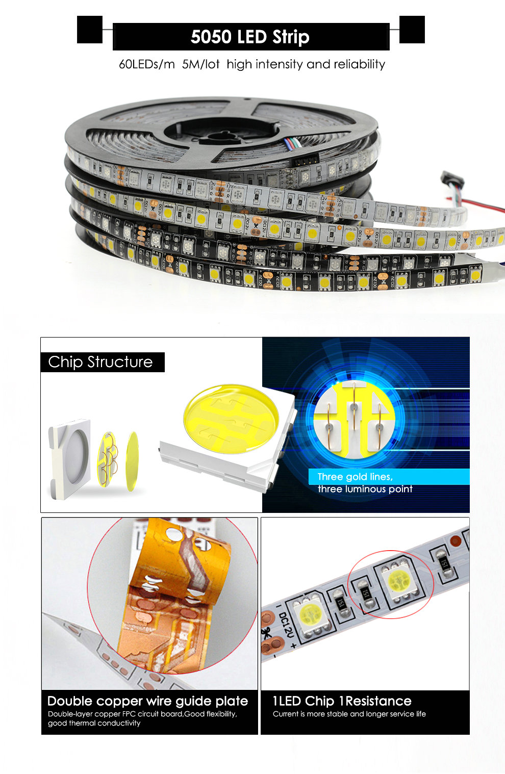 FEICAN LED Strip 5050 DC12V Flexible LED Light Black / White PCB No Waterproof Waterproof 60 LED/m 5M