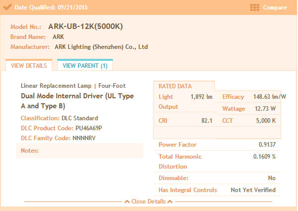 ARK lighting UL DLC Listed led tube 150lm/w 12w glass led tube plug and play
