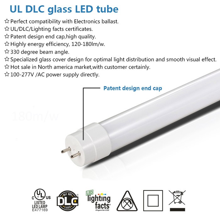 UL DLC Listed led tube 130lm/w 14w 1800lm glass led tube plug and play