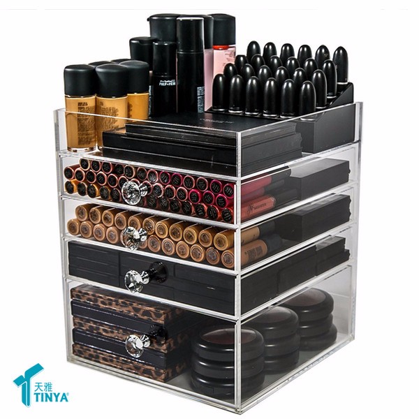 Deluxe 5 Section Beauty Organizer,Crystal Cosmetic Lipstick Display Stand,Acrylic Clear Makeup Drawer Organizer Storage Supplier
